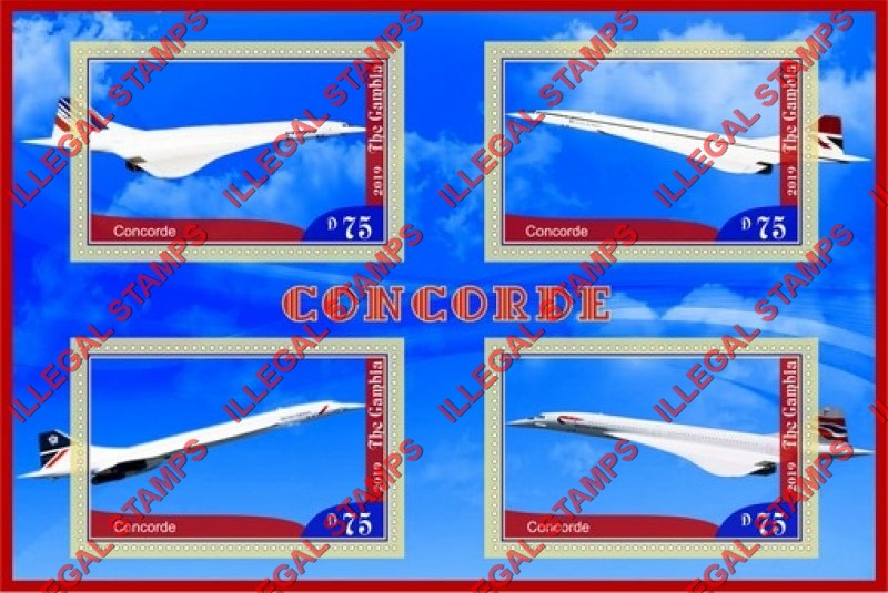 Gambia 2019 Concorde Illegal Stamp Souvenir Sheet of 4 Gambia 2019 Concorde Illegal Stamp Souvenir Sheet of 4