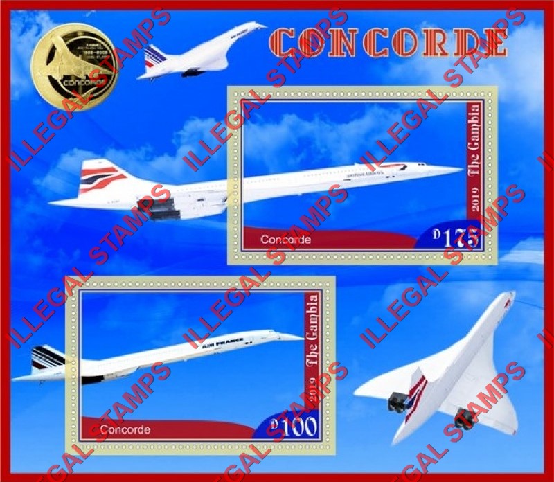 Gambia 2019 Concorde Illegal Stamp Souvenir Sheet of 2 Gambia 2019 Concorde Illegal Stamp Souvenir Sheet of 2