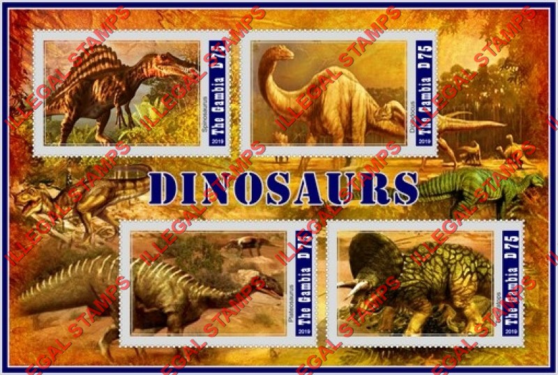 Gambia 2019 Dinosaurs (different) Illegal Stamp Souvenir Sheet of 4 Gambia 2019 Dinosaurs (different) Illegal Stamp Souvenir Sheet of 4