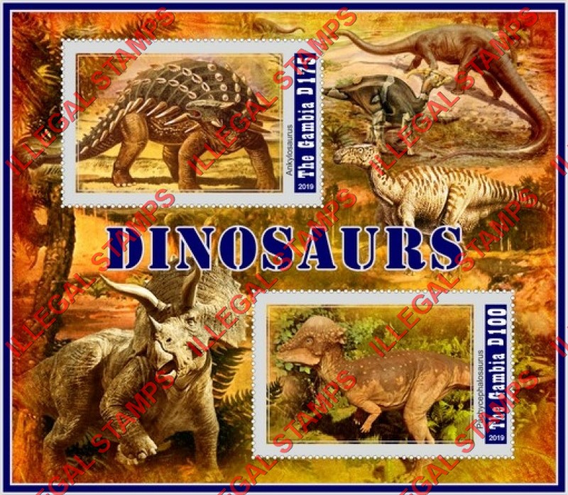 Gambia 2019 Dinosaurs (different) Illegal Stamp Souvenir Sheet of 2 Gambia 2019 Dinosaurs (different) Illegal Stamp Souvenir Sheet of 2