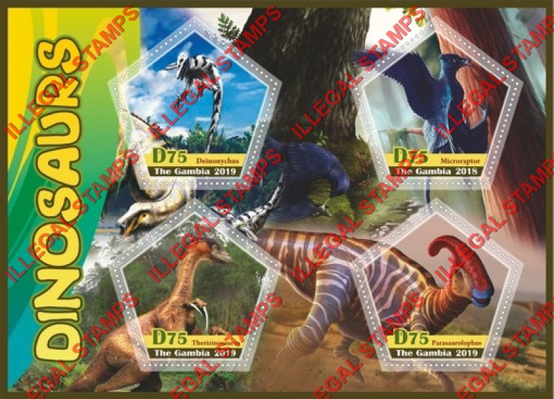 Gambia 2019 Dinosaurs Illegal Stamp Souvenir Sheet of 4 Gambia 2019 Dinosaurs Illegal Stamp Souvenir Sheet of 4
