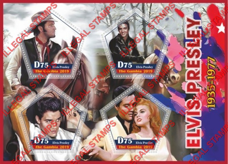 Gambia 2019 Elvis Presley Illegal Stamp Souvenir Sheet of 4 Gambia 2019 Elvis Presley Illegal Stamp Souvenir Sheet of 4