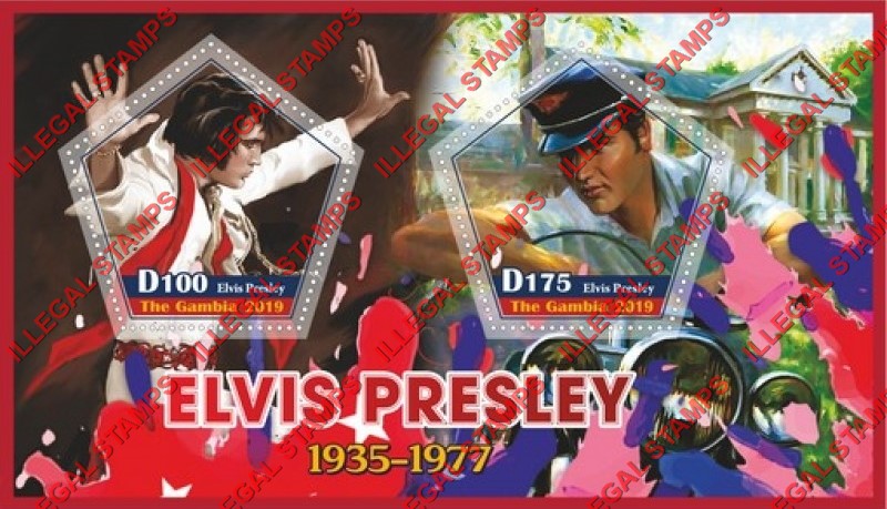 Gambia 2019 Elvis Presley Illegal Stamp Souvenir Sheet of 2 Gambia 2019 Elvis Presley Illegal Stamp Souvenir Sheet of 2