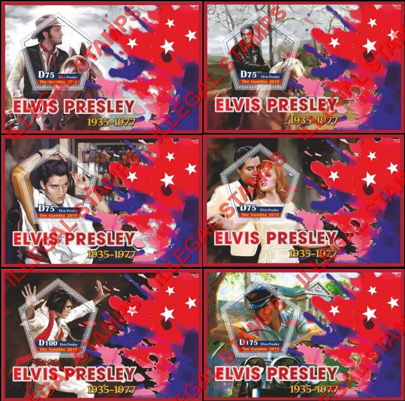 Gambia 2019 Elvis Presley Illegal Stamp Souvenir Sheets of 1 Gambia 2019 Elvis Presley Illegal Stamp Souvenir Sheets of 1