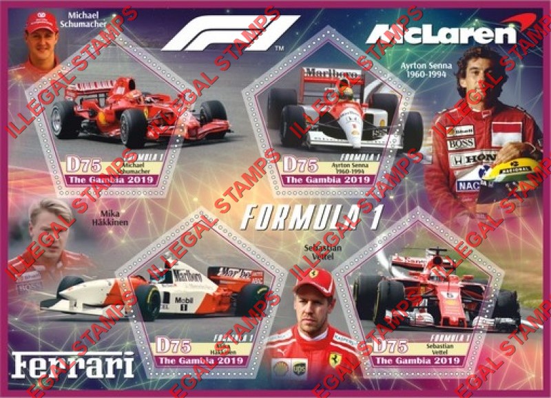 Gambia 2019 Formula I Drivers Bruce McLaren Illegal Stamp Souvenir Sheet of 4 Gambia 2019 Formula I Drivers Bruce McLaren Illegal Stamp Souvenir Sheet of 4