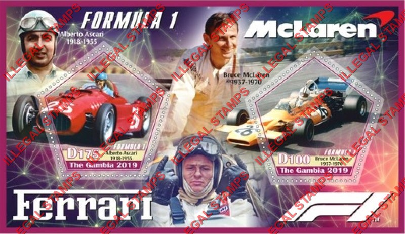 Gambia 2019 Formula I Drivers Bruce McLaren Illegal Stamp Souvenir Sheet of 2 Gambia 2019 Formula I Drivers Bruce McLaren Illegal Stamp Souvenir Sheet of 2