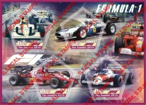 Gambia 2019 Formula I Illegal Stamp Souvenir Sheet of 4 Gambia 2019 Formula I Illegal Stamp Souvenir Sheet of 4