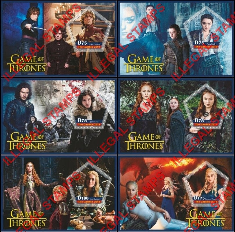 Gambia 2019 Game of Thrones Illegal Stamp Souvenir Sheets of 1 Gambia 2019 Game of Thrones Illegal Stamp Souvenir Sheets of 1
