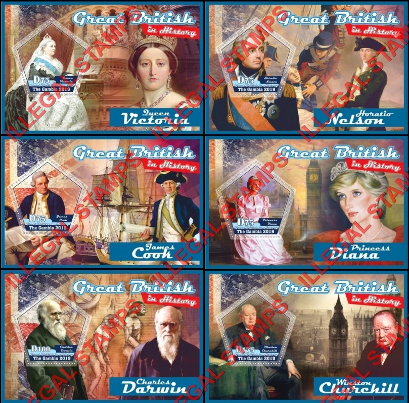 Gambia 2019 Great British People Illegal Stamp Souvenir Sheets of 1 Gambia 2019 Great British People Illegal Stamp Souvenir Sheets of 1