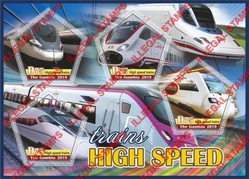 Gambia 2019 High Speed Trains Illegal Stamp Souvenir Sheet of 4 Gambia 2019 High Speed Trains Illegal Stamp Souvenir Sheet of 4