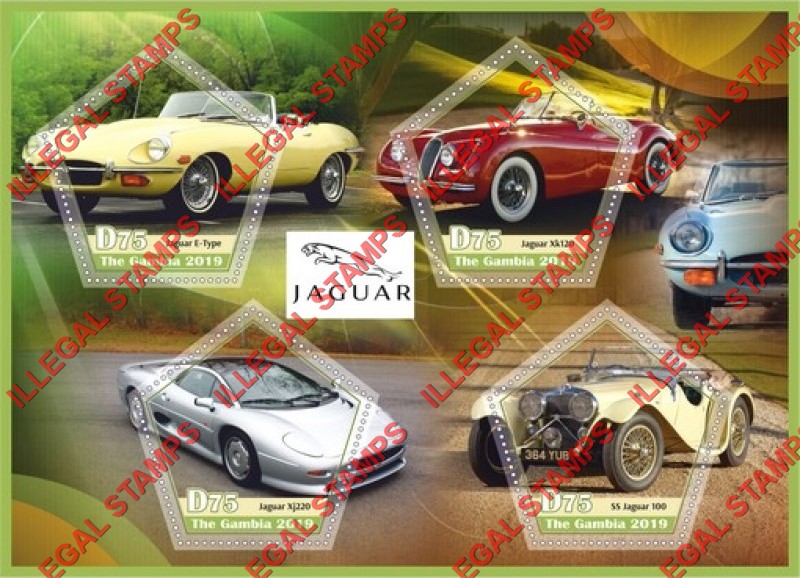 Gambia 2019 Jaguar Cars Illegal Stamp Souvenir Sheet of 4 Gambia 2019 Jaguar Cars Illegal Stamp Souvenir Sheet of 4
