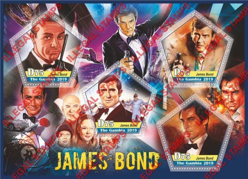 Gambia 2019 James Bond Illegal Stamp Souvenir Sheet of 4 Gambia 2019 James Bond Illegal Stamp Souvenir Sheet of 4