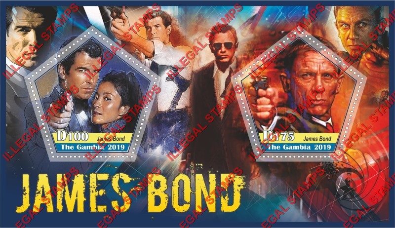 Gambia 2019 James Bond Illegal Stamp Souvenir Sheet of 2 Gambia 2019 James Bond Illegal Stamp Souvenir Sheet of 2