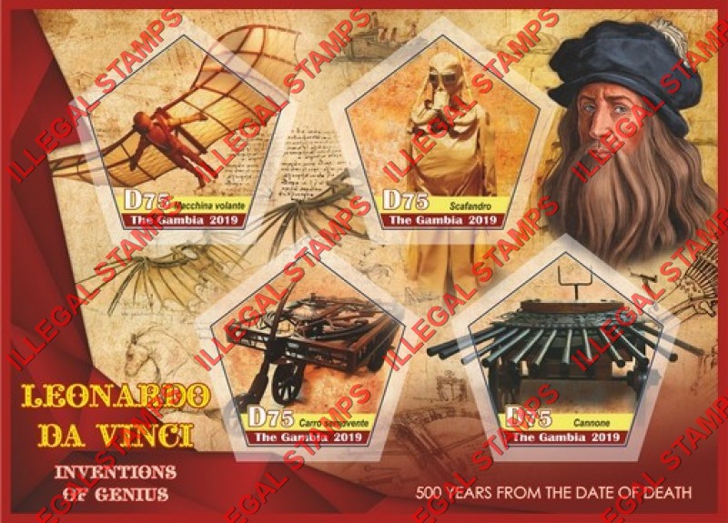 Gambia 2019 Leonardo da Vinci Inventions Illegal Stamp Souvenir Sheet of 4 Gambia 2019 Leonardo da Vinci Inventions Illegal Stamp Souvenir Sheet of 4