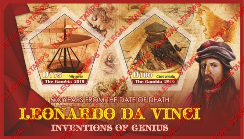 Gambia 2019 Leonardo da Vinci Inventions Illegal Stamp Souvenir Sheet of 2 Gambia 2019 Leonardo da Vinci Inventions Illegal Stamp Souvenir Sheet of 2
