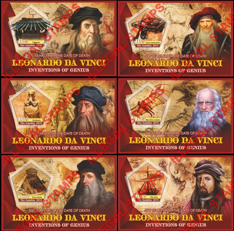 Gambia 2019 Leonardo da Vinci Inventions Illegal Stamp Souvenir Sheets of 1 Gambia 2019 Leonardo da Vinci Inventions Illegal Stamp Souvenir Sheets of 1