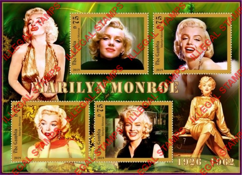 Gambia 2019 Marilyn Monroe Illegal Stamp Souvenir Sheet of 4 Gambia 2019 Marilyn Monroe Illegal Stamp Souvenir Sheet of 4