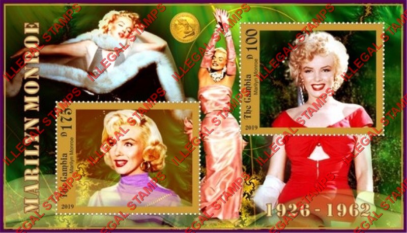 Gambia 2019 Marilyn Monroe Illegal Stamp Souvenir Sheet of 2 Gambia 2019 Marilyn Monroe Illegal Stamp Souvenir Sheet of 2
