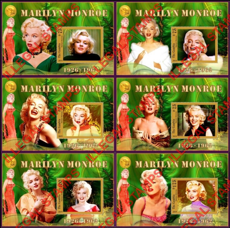 Gambia 2019 Marilyn Monroe Illegal Stamp Souvenir Sheets of 1 Gambia 2019 Marilyn Monroe Illegal Stamp Souvenir Sheets of 1