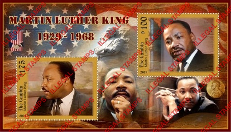Gambia 2019 Martin Luther King Illegal Stamp Souvenir Sheet of 2 Gambia 2019 Martin Luther King Illegal Stamp Souvenir Sheet of 2