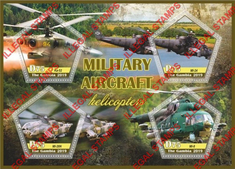 Gambia 2019 Military Aircraft Helicopters Illegal Stamp Souvenir Sheet of 4 Gambia 2019 Military Aircraft Helicopters Illegal Stamp Souvenir Sheet of 4
