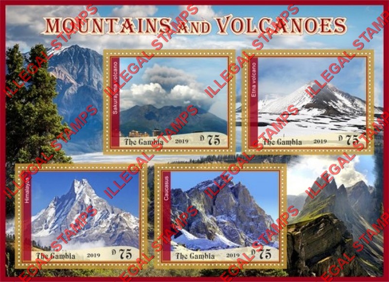 Gambia 2019 Mountains and Volcanoes Illegal Stamp Souvenir Sheet of 4 Gambia 2019 Mountains and Volcanoes Illegal Stamp Souvenir Sheet of 4