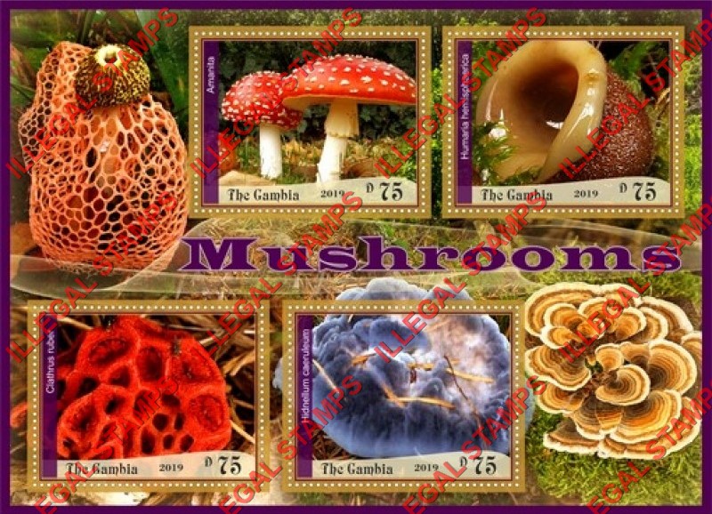 Gambia 2019 Mushrooms (second different) Illegal Stamp Souvenir Sheet of 4 Gambia 2019 Mushrooms (second different) Illegal Stamp Souvenir Sheet of 4