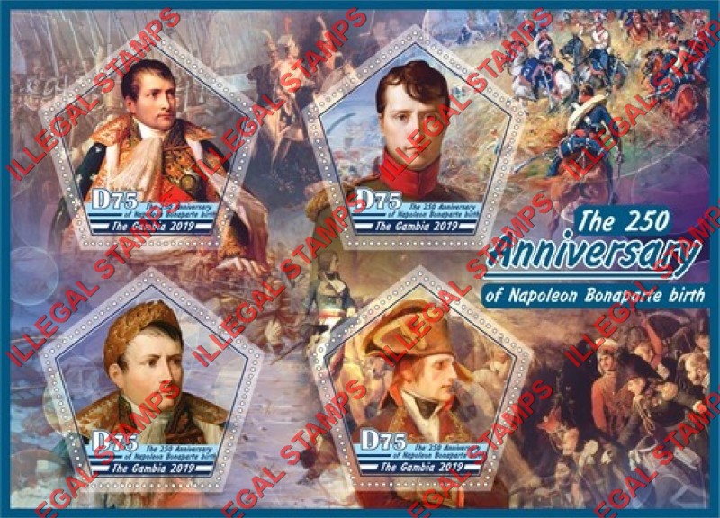 Gambia 2019 Napoleon Bonaparte 250th Birth Anniversary Illegal Stamp Souvenir Sheet of 4 Gambia 2019 Napoleon Bonaparte 250th Birth Anniversary Illegal Stamp Souvenir Sheet of 4