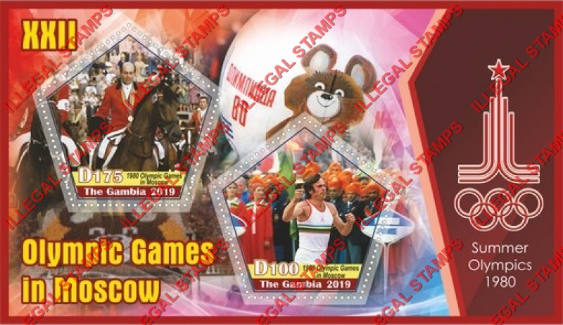 Gambia 2019 Olympic Games in Moscow in 1980 Illegal Stamp Souvenir Sheet of 2 Gambia 2019 Olympic Games in Moscow in 1980 Illegal Stamp Souvenir Sheet of 2