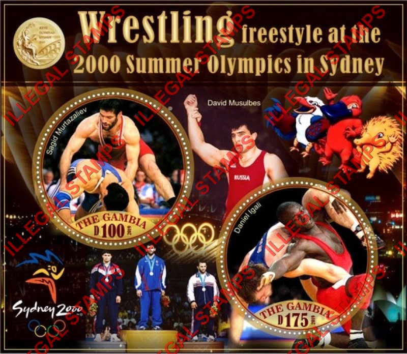 Gambia 2019 Olympic Games in Sydney in 2000 Wrestling Illegal Stamp Souvenir Sheet of 2 Gambia 2019 Olympic Games in Sydney in 2000 Wrestling Illegal Stamp Souvenir Sheet of 2