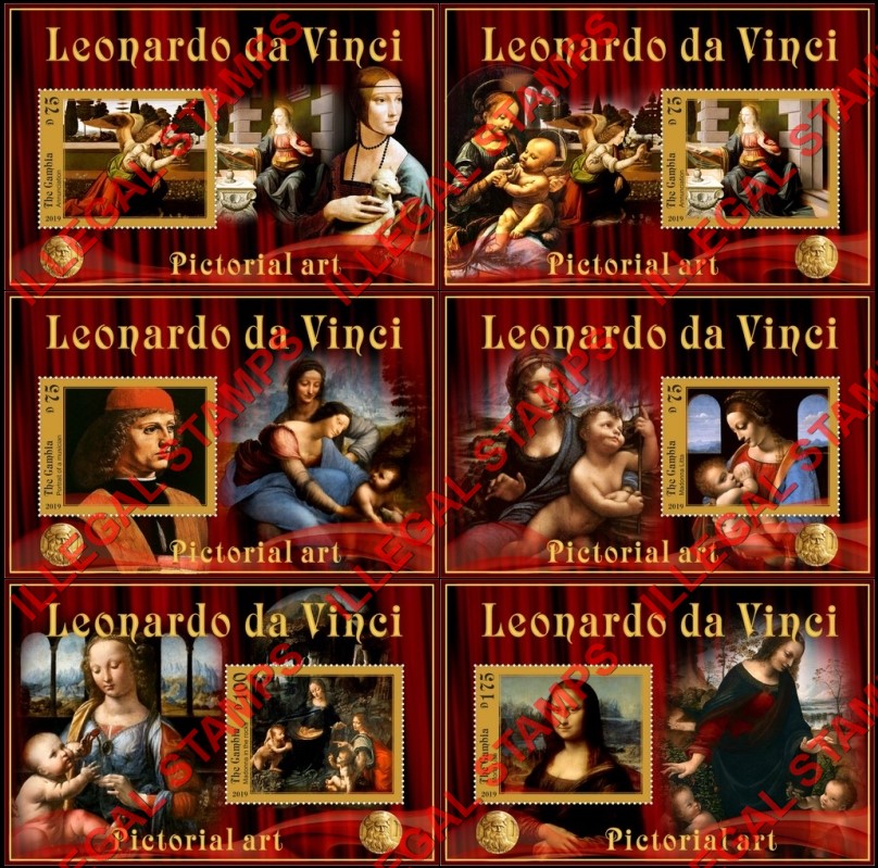 Gambia 2019 Paintings by Leonardo da Vinci (different) Illegal Stamp Souvenir Sheets of 1 Gambia 2019 Paintings by Leonardo da Vinci (different) Illegal Stamp Souvenir Sheets of 1
