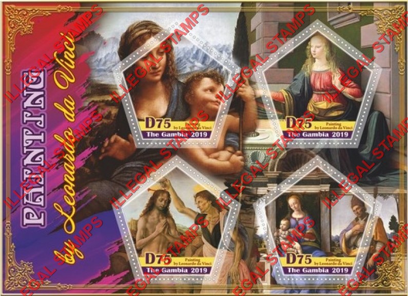 Gambia 2019 Paintings by Leonardo da Vinci Illegal Stamp Souvenir Sheet of 4 Gambia 2019 Paintings by Leonardo da Vinci Illegal Stamp Souvenir Sheet of 4