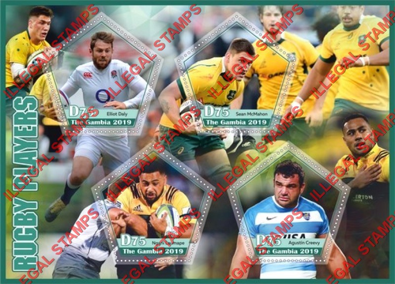 Gambia 2019 Rugby Players Illegal Stamp Souvenir Sheet of 4 Gambia 2019 Rugby Players Illegal Stamp Souvenir Sheet of 4