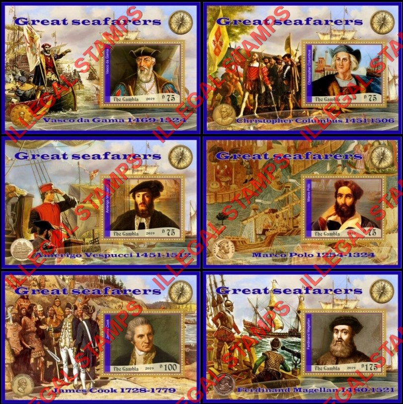 Gambia 2019 Great Seafarers Illegal Stamp Souvenir Sheets of 1 Gambia 2019 Great Seafarers Illegal Stamp Souvenir Sheets of 1