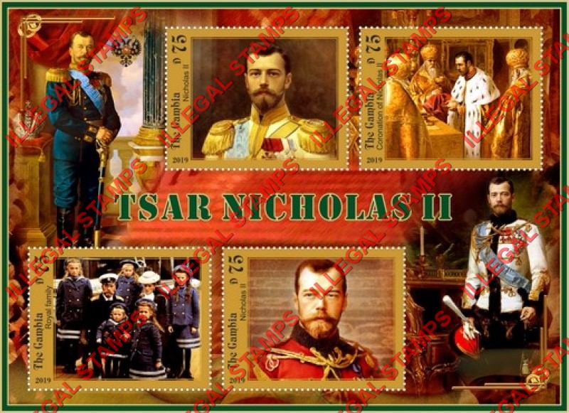 Gambia 2019 Tsar Nicholas II Illegal Stamp Souvenir Sheet of 4 Gambia 2019 Tsar Nicholas II Illegal Stamp Souvenir Sheet of 4