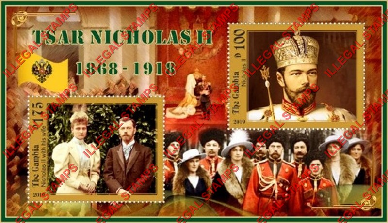 Gambia 2019 Tsar Nicholas II Illegal Stamp Souvenir Sheet of 2 Gambia 2019 Tsar Nicholas II Illegal Stamp Souvenir Sheet of 2
