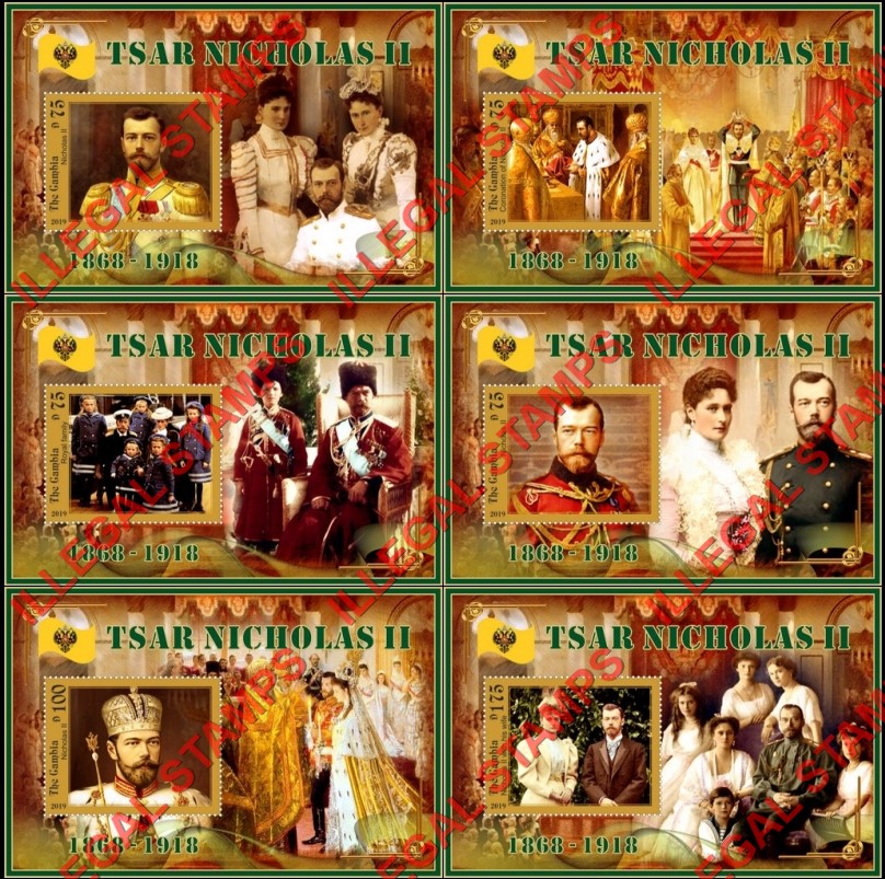 Gambia 2019 Tsar Nicholas II Illegal Stamp Souvenir Sheets of 1 Gambia 2019 Tsar Nicholas II Illegal Stamp Souvenir Sheets of 1