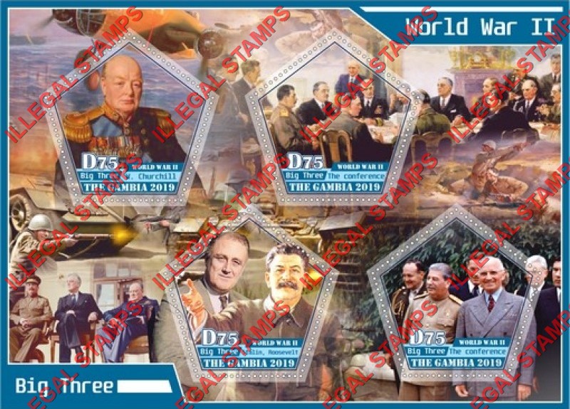 Gambia 2019 World War II Big Three Illegal Stamp Souvenir Sheet of 4 Gambia 2019 World War II Big Three Illegal Stamp Souvenir Sheet of 4