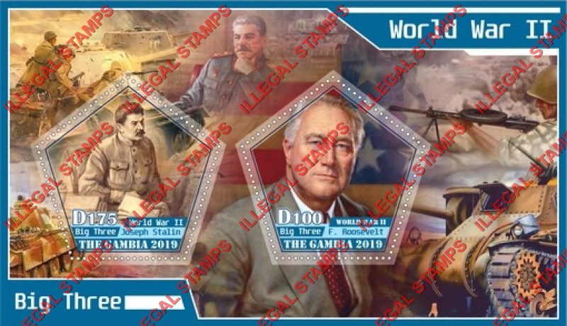 Gambia 2019 World War II Big Three Illegal Stamp Souvenir Sheet of 2 Gambia 2019 World War II Big Three Illegal Stamp Souvenir Sheet of 2