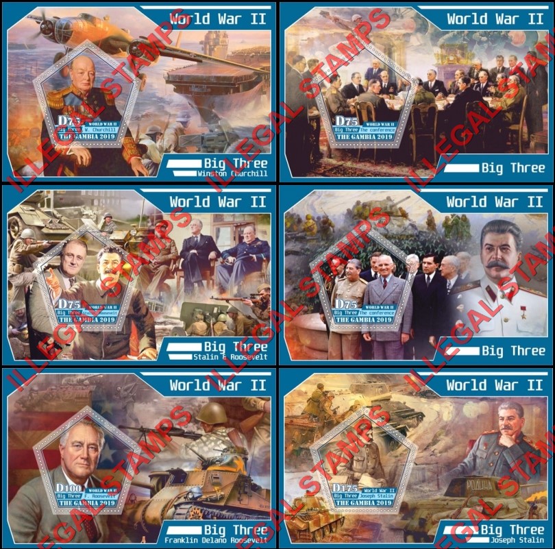 Gambia 2019 World War II Big Three Illegal Stamp Souvenir Sheets of 1 Gambia 2019 World War II Big Three Illegal Stamp Souvenir Sheets of 1