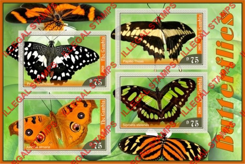 Gambia 2020 Butterflies (different b) Illegal Stamp Souvenir Sheet of 4 Gambia 2020 Butterflies (different b) Illegal Stamp Souvenir Sheet of 4