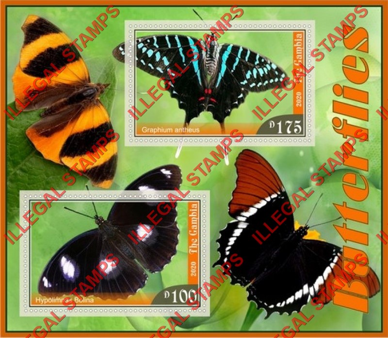 Gambia 2020 Butterflies (different b) Illegal Stamp Souvenir Sheet of 2 Gambia 2020 Butterflies (different b) Illegal Stamp Souvenir Sheet of 2