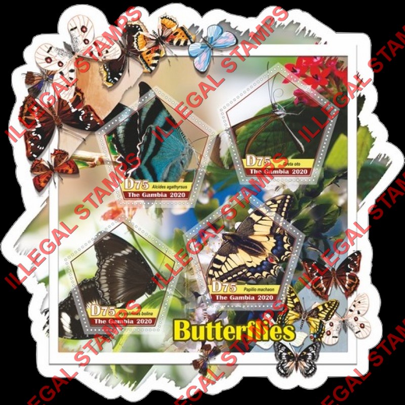 Gambia 2020 Butterflies (different) Illegal Stamp Souvenir Sheet of 4 Gambia 2020 Butterflies (different) Illegal Stamp Souvenir Sheet of 4