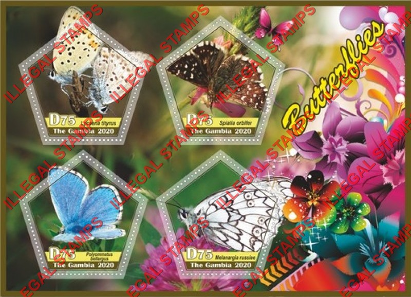 Gambia 2020 Butterflies Illegal Stamp Souvenir Sheet of 4 Gambia 2020 Butterflies Illegal Stamp Souvenir Sheet of 4