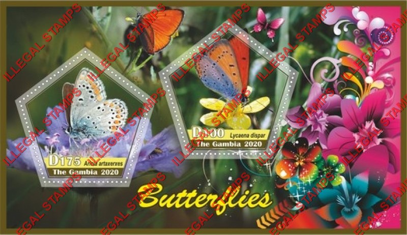 Gambia 2020 Butterflies Illegal Stamp Souvenir Sheet of 2 Gambia 2020 Butterflies Illegal Stamp Souvenir Sheet of 2
