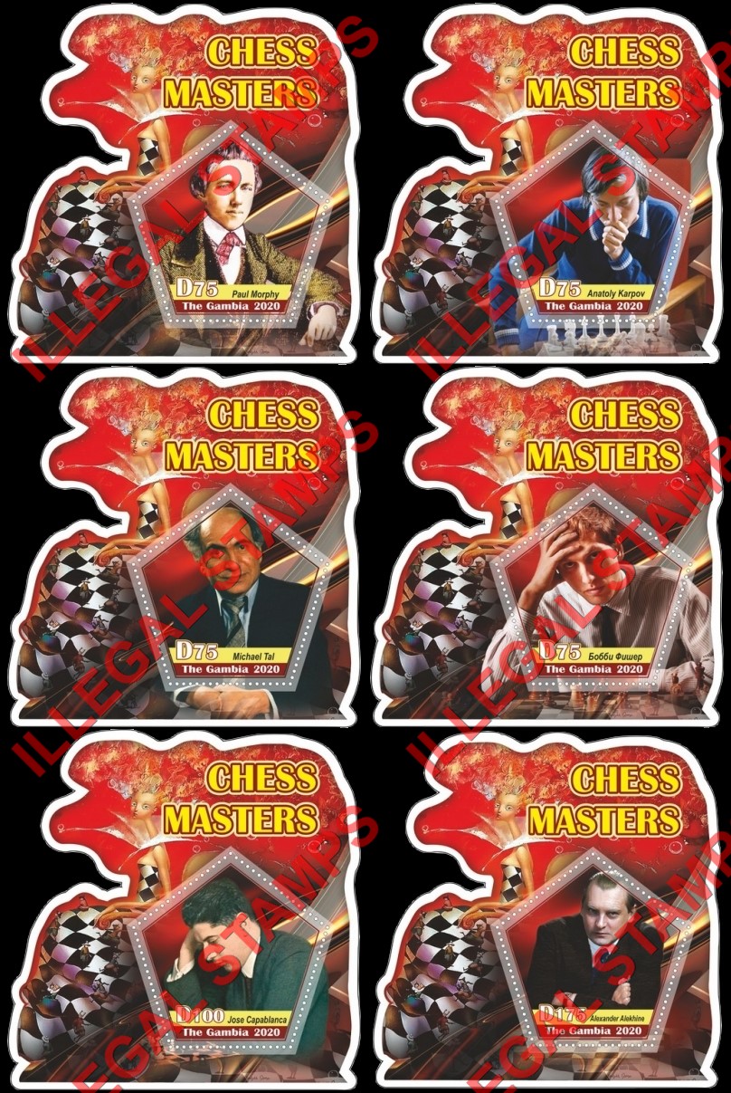 Gambia 2020 Chess Masters Illegal Stamp Souvenir Sheets of 1 Gambia 2020 Chess Masters Illegal Stamp Souvenir Sheets of 1