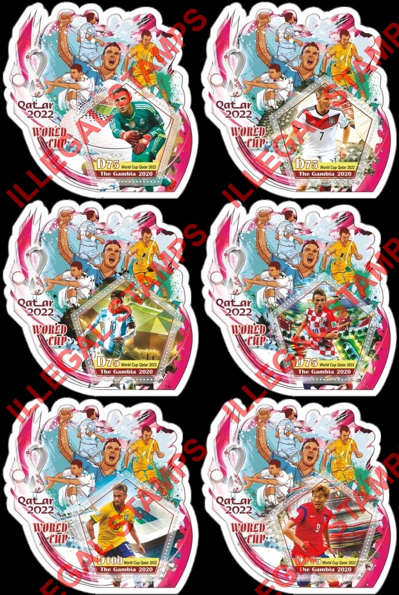 Gambia 2020 FIFA World Cup Soccer in Qatar in 2022 Illegal Stamp Souvenir Sheets of 1 Gambia 2020 FIFA World Cup Soccer in Qatar in 2022 Illegal Stamp Souvenir Sheets of 1