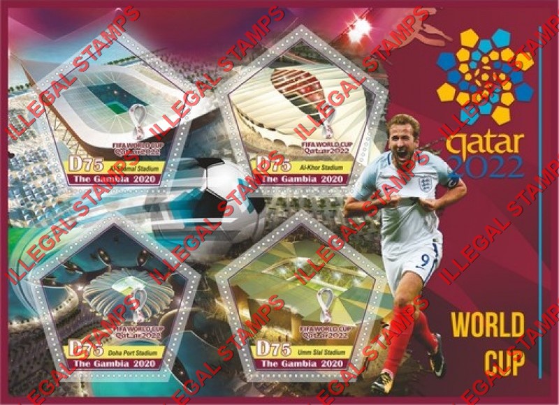 Gambia 2020 FIFA World Cup Soccer in Qatar in 2022 Stadiums Illegal Stamp Souvenir Sheet of 4 Gambia 2020 FIFA World Cup Soccer in Qatar in 2022 Stadiums Illegal Stamp Souvenir Sheet of 4