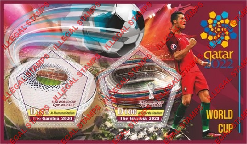 Gambia 2020 FIFA World Cup Soccer in Qatar in 2022 Stadiums Illegal Stamp Souvenir Sheet of 2 Gambia 2020 FIFA World Cup Soccer in Qatar in 2022 Stadiums Illegal Stamp Souvenir Sheet of 2