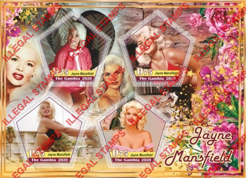 Gambia 2020 Jayne Mansfield Illegal Stamp Souvenir Sheet of 4 Gambia 2020 Jayne Mansfield Illegal Stamp Souvenir Sheet of 4